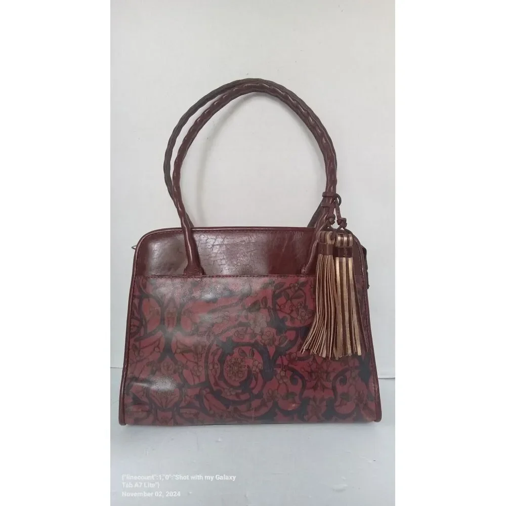Vintage Tooled Leather Handbag with Tassel‎ Detail Brown Burgundy Floral Pattern